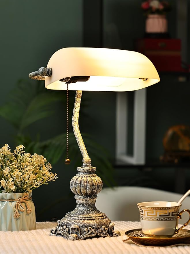 Newrays Retro White Matted Glass Bankers Desk Lamp for Home Office,Library with Pull Chain Switch Plug in Fixture, LED Bulb Included