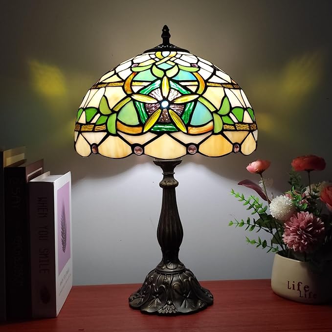 Tiffany Table Lamp Yellow Stained Glass Reading Light 3-Way Small Decorate Lamp for Home Living Room Nightstand Bedroom Office Include Bulb