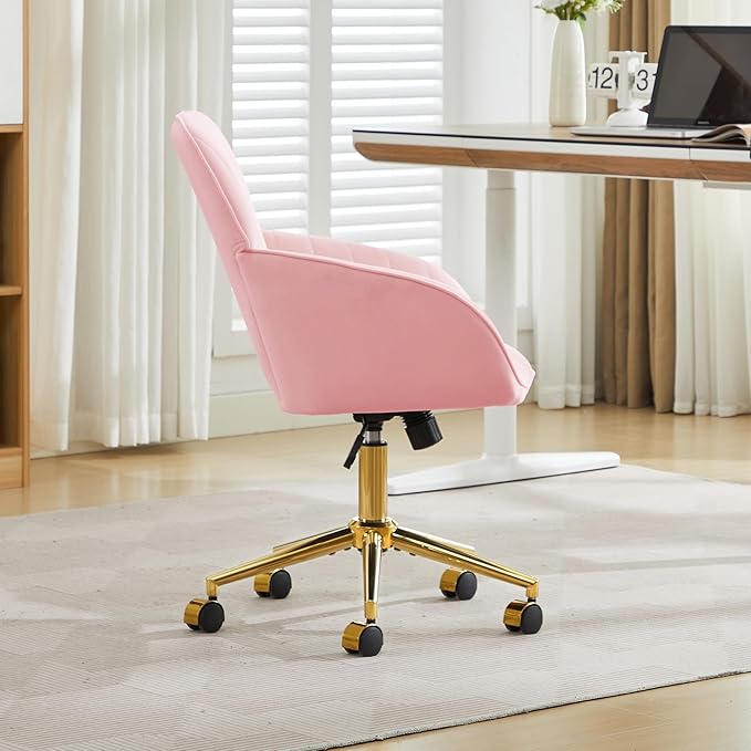 YISHENG Velvet Office Desk Chair with Gold Base, with Wheels,Modern Height Adjustable 360 Degree Swivel Upholstered Vanity Chairs with Arms for Living Room Bedroom,Pink