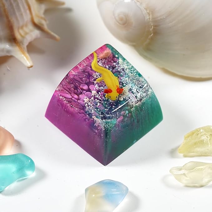 Yellow Axolotl in Blue Purple Ocean Artisan Keycap R1 SA Profile Custom Animal Axolotl Keycap 1U ESC Handmade Resin Compatible with Cherry MX Mechanical Keyboard for Axolotl Lover