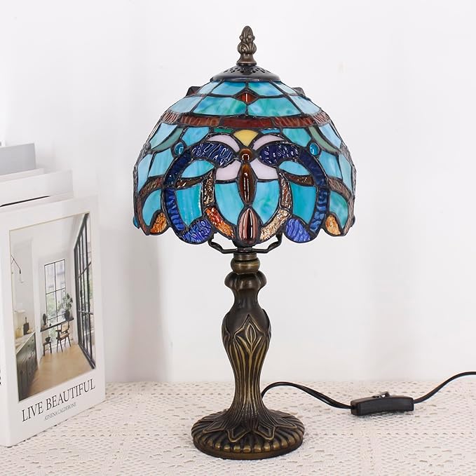 Small Tiffany Lamp Stained Glass Table Lamp Mini Desk Accent Light for Bedroom Bedside Reading Home Antique Style Decor 8X15 Inches (Brown Jewelry Baroque)