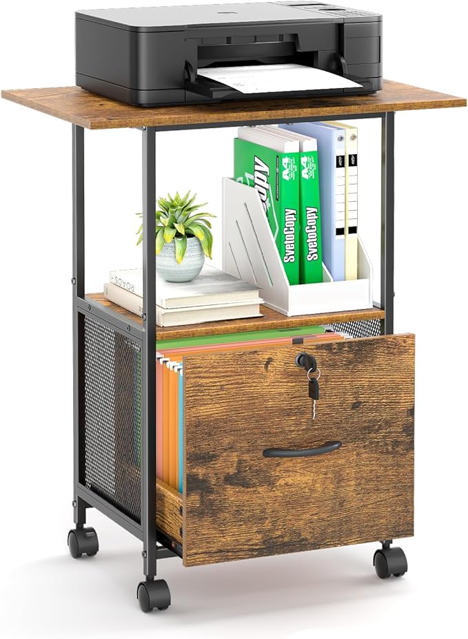 Small Filing Cabinet with Lock, Printer Stand with File Storage, Rolling Locking File Cabinet with Drawer Vertical File Cart with Wheels, Lockable Filing Cabinet for Home Office