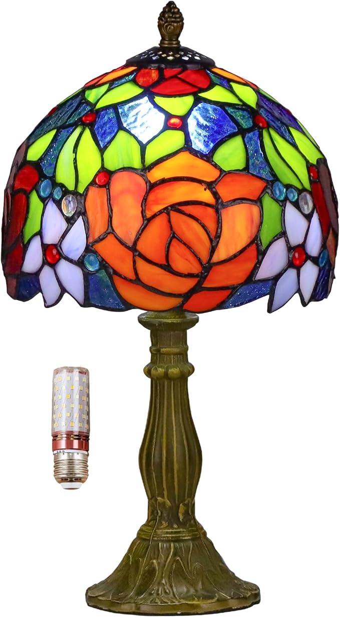 Tiffany Style Lamp Rose Flower Stained Glass Table Lamp red Rose 8X8X14 Inches Home Office Desk Lamp Lights Decorate Gift Include Light Bulb