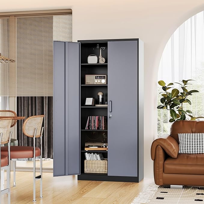 Metal 71' Tall File Cabinet with Lockable Doors and 5 Adjustable Shelves - Black&Gray Steel Storage Cabinet for Home, School, Office, Garage