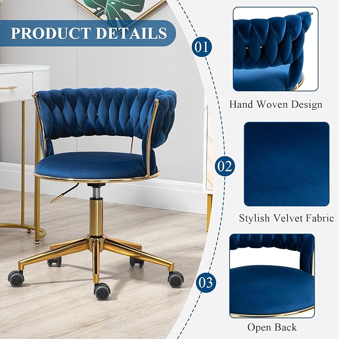 Home Office Chair with Hand Woven, Velvet Upholstered Desk Chair with Open Back, 360° Swivel & Height Adjustable Task Chair, Ergonomic Office Chair with Gold Base (Navy)