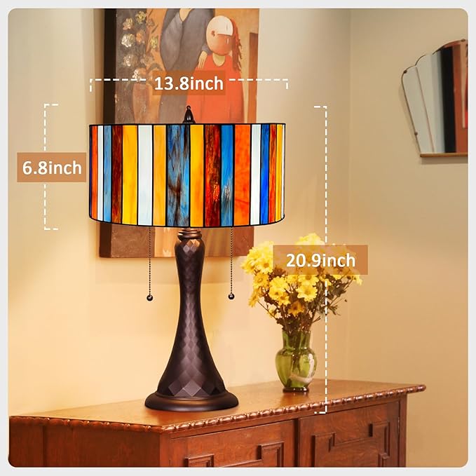 Tiffany Style Table Lamp,Red 14 inch Stained Glass Table Light,Antique Style 2-Lights Large Desk Beside Reading Lamp for Living Room Bedroom Office