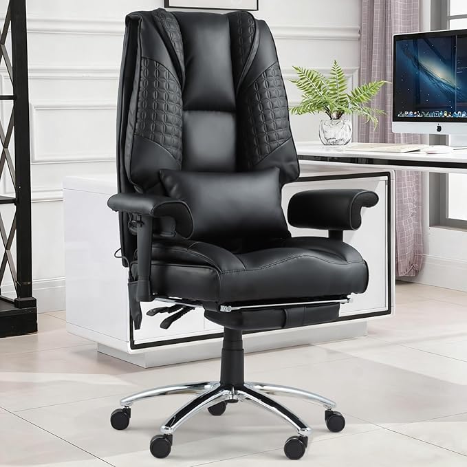 Massage & Heated Office Chair with Foot Rest, Ergonomic Executive Office Chair with Reclining Backrest, Adjustable Arms and Lumbar Support, High Back Leather Desk Chairs for Home Office, Black