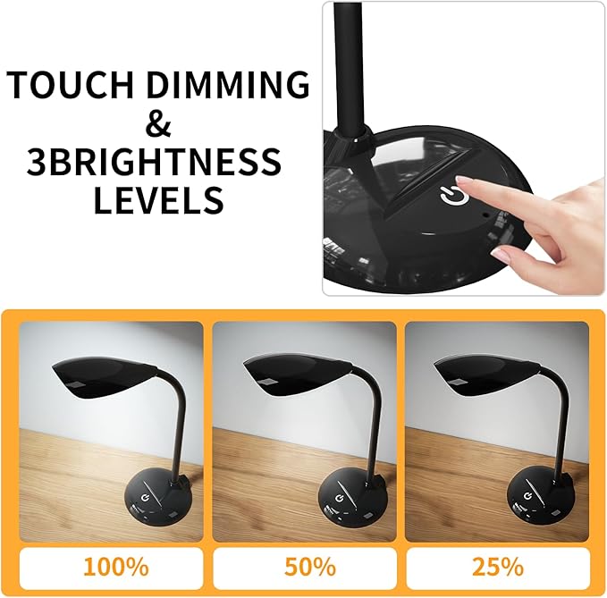 Desk Lamp, LED Eye-Caring Table Lamp, Study Lamps with Flexible Goose Neck for Bedroom, Eye-Caring Light, 3 Brightness 360° Rotation Touch Table Gooseneck Lamp, Bright for Bedroom, Study, Home Office