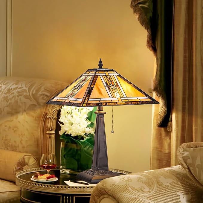 Tiffany Table Lamp,Mission Style Stained Glass Table Light,Antique Style 16 inch Large Desk Lamp,2 Lights Vintage Beside Reading Lamp for Living Room Bedroom Office