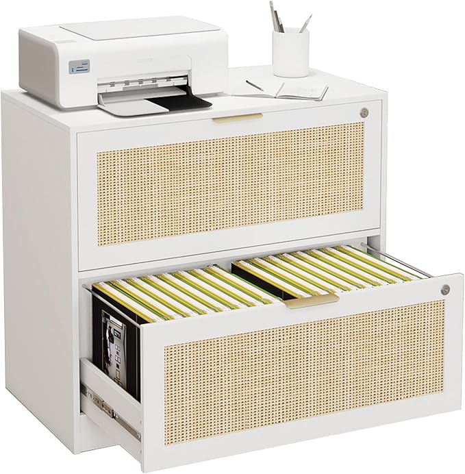 HOPUBUY 2 Drawer File Cabinet with Lock, Printer Stand Lateral Filing Cabinets for Home Office and School, Wood Rattan File Cabinet for Hanging Files/Letter/Legal/A4/F4 Size, White