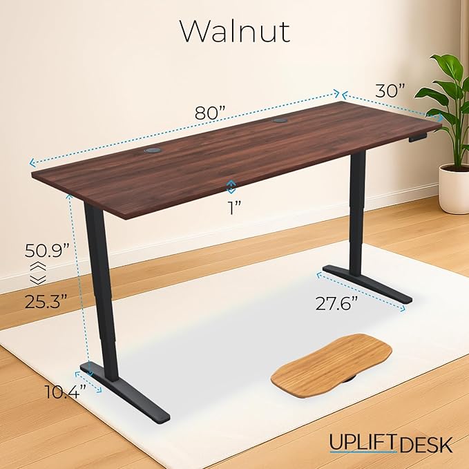 UPLIFTDESK V2 2-Leg Walnut Laminate Wood Standing Desk – Adjustable Height, Advanced 1-Touch Memory Keypad, Under Desk Cable Management, Wire Grommets & Rocker Board (Black C-Frame, 80 x 30 inch)