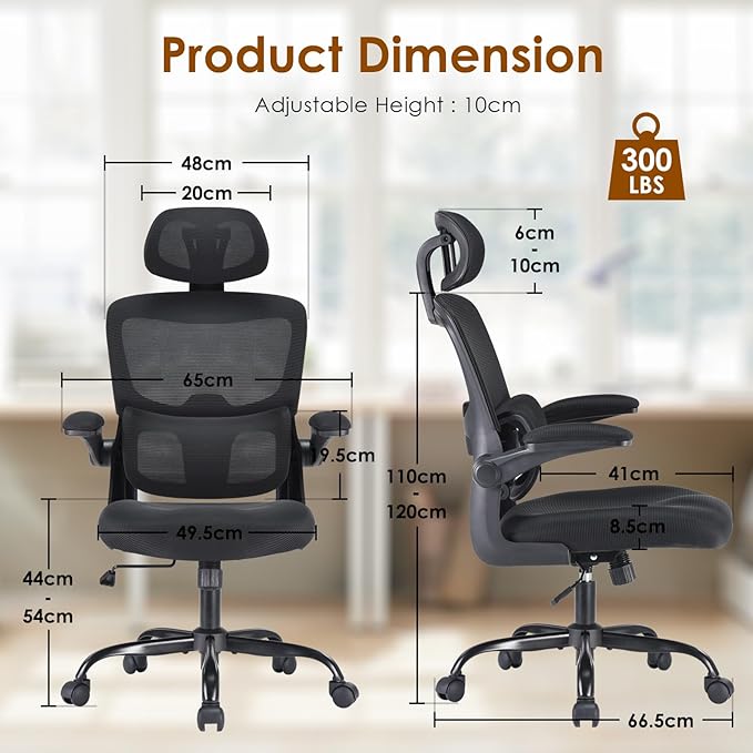 Soohow Ergonomic Office Chair, High Back Desk Chair with Flip-Up Armrest and Adjustable Lumbar Support, Computer Chair for Home and Office