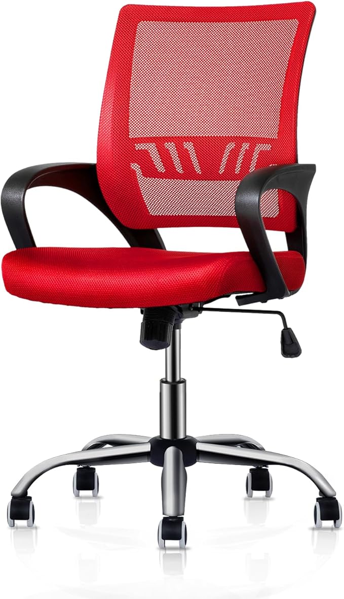 MoNiBloom Mesh Office Home Chair, Mid Back Ergonomic Rolling Swivel Chair with Padded Seat and Armrest, 250 lbs Capacity, Red