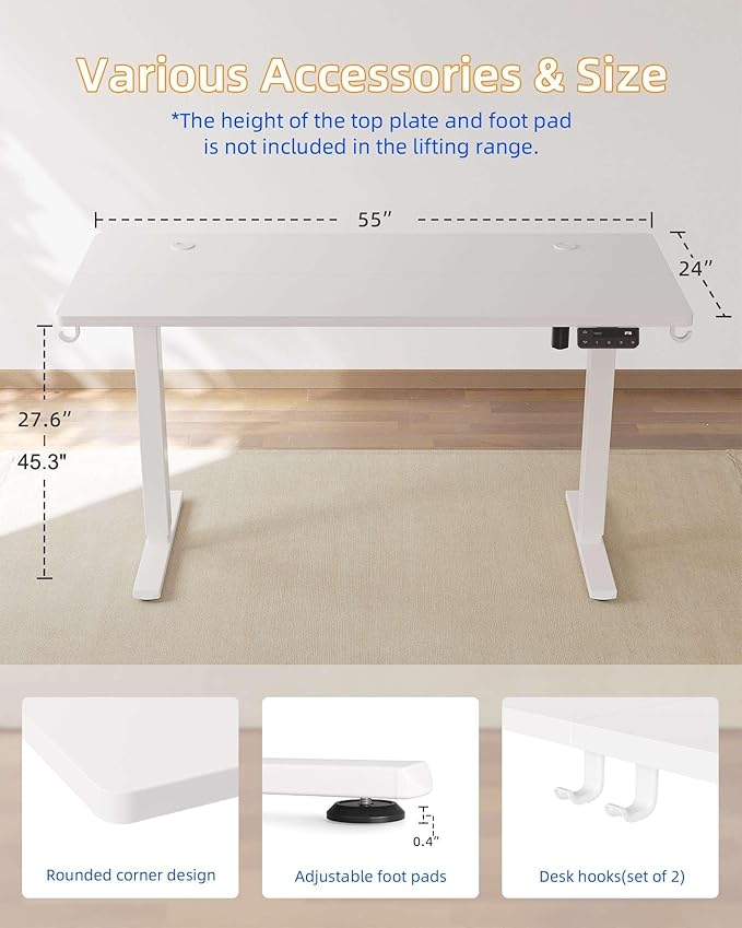 YIHAYO Electric Standing Desk, 55 x 24 Inches Stand Up Desk with Splice Board, Adjustable Height Desk, Computer Desk for Home Office, White Frame/White Top