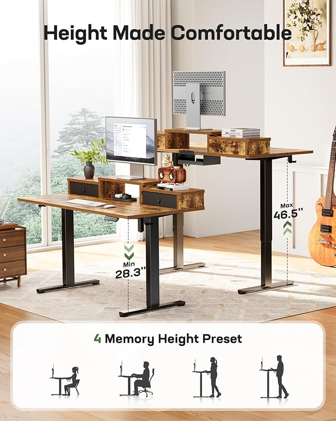 Marsail Electric Standing Desk with Drawers, 55″ x 28″ Height Adjustable Sit Stand Up Desk with Storage Shelf, Ergonomic Home Office & Computer Table with 4 Memory Heights, Rustic Brown