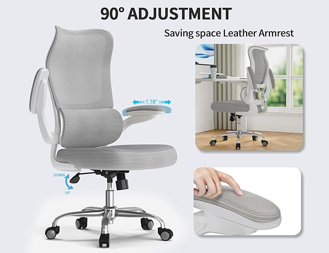 TRALT Ergonomic Office Chair - Desk Chair with Wave High Back Adjustable Lumbar Support Computer Chair - Gaming Chairs Mesh Backrest and PU Leather Seat for Home Reading Chairs to Adults(Grey)