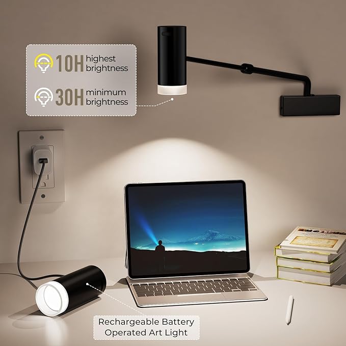 PESUTEN Battery Operated Picture Light, Adjustable Length Wireless Art Light for Paintings CCT Dimmable Rechargeable Picture Light with Remote Control for Gallery Reading Dartboard Bathroom 2PCS