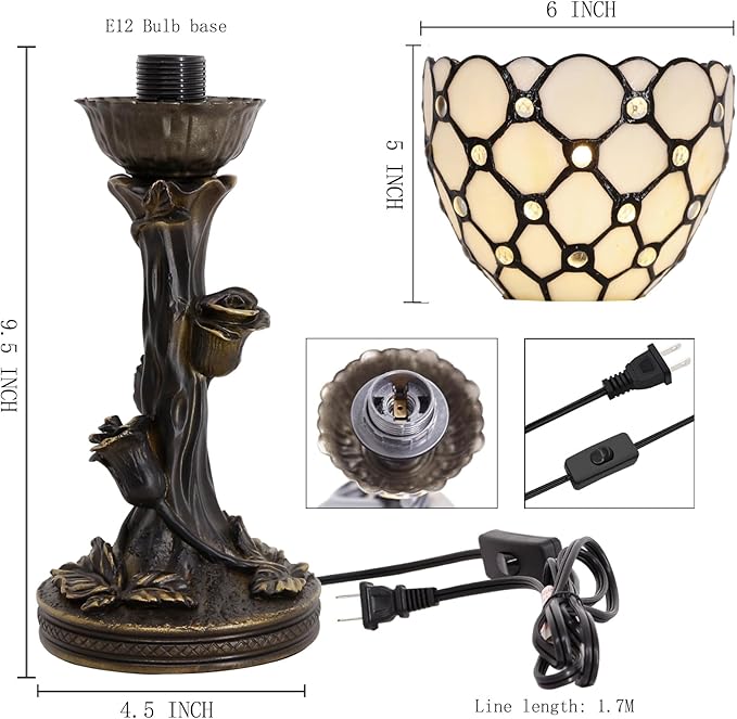 Small Tiffany Lamp Mini Stained Glass Table Lamp Cream Bead Accent Desk Uplight W6 H13.5 Inch Bronze Resin Base