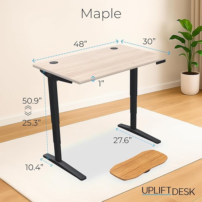 UPLIFTDESK V2 2-Leg Maple Laminate Wood Standing Desk – Adjustable Height, Advanced 1-Touch Memory Keypad, Under Desk Cable Management, Wire Grommets & Rocker Board (Black C-Frame, 48 x 30 inch)