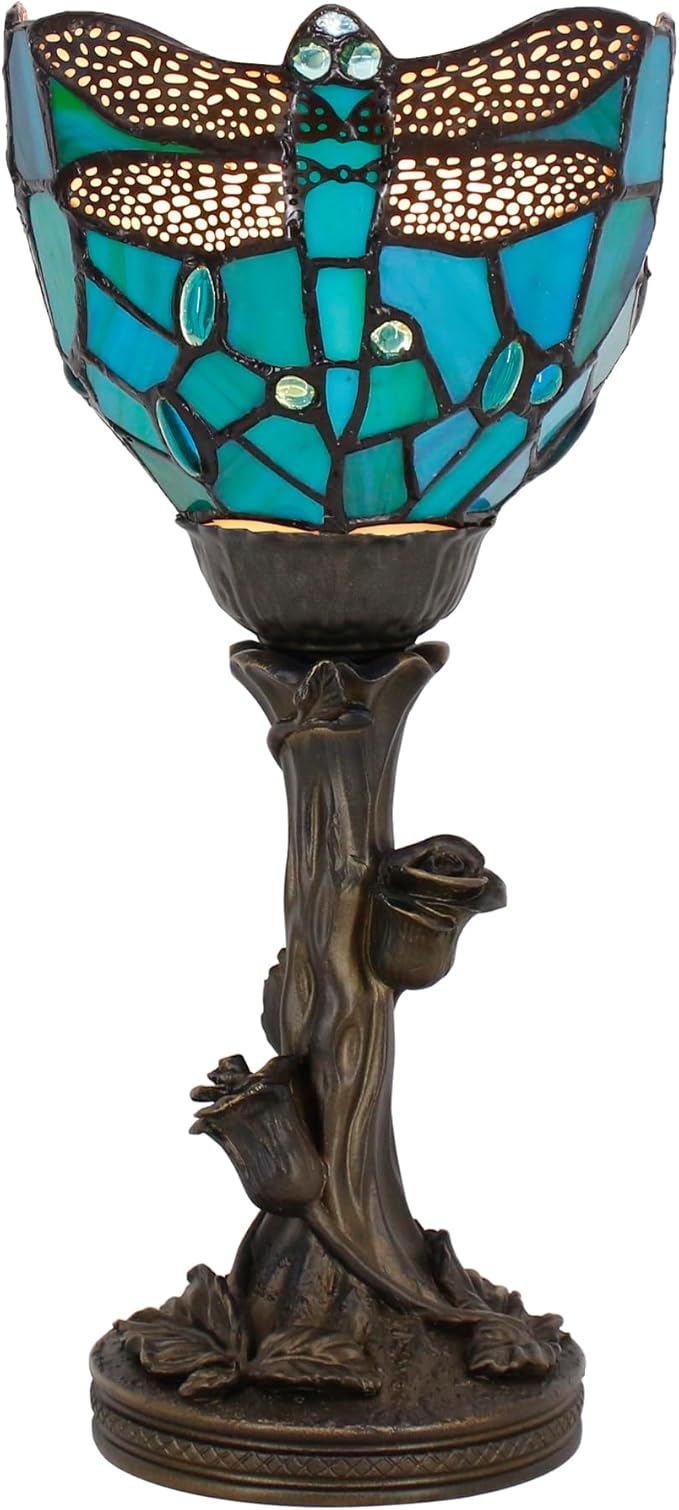 Small Tiffany Lamp Stained Glass Table Lamp Desk Uplight 6X6X13.5 Inch for Bedroom Bedside Office (Green Dragonfly)