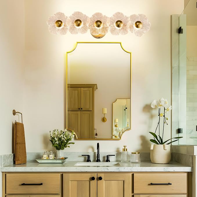 Vintage Bathroom Light Fixtures 5 Light Modern Vanity Lights with Floral Clear Glass,3-Color Temperature Picture Light Led Wall Lights Wireless Wall Sconces for Decor,Bathroom,Hallway (Gold)