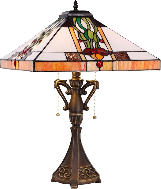 Tiffany Table Lamp Stained Glass Tulip Flower Square Geometric Mission Style Desk Reading Light 16X16X24 Inch for Bedroom Living Room Home Office