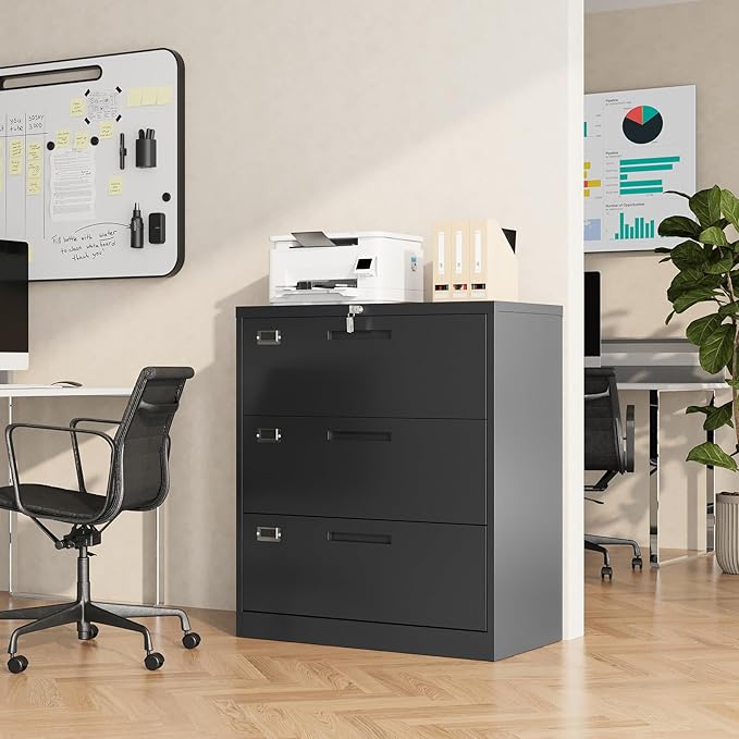 Lateral File Cabinet, Metal Filing Cabinet with Lock, 3 Drawer File Cabinets for Home Office, Office Cabinet for Hanging Files Letter/Legal/F4/A4, Assembly Required, Black