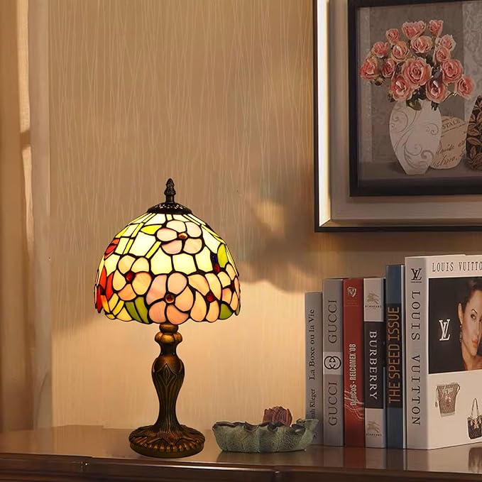 Tiffany Small Table Lamp 3 Color Temperatures Plum Blossom Flower Stained Glass Table Lamps for Living Room Bedroom Bedside Nightstand Home Office Desk Light W/LED Bulb 8X8X15Inch