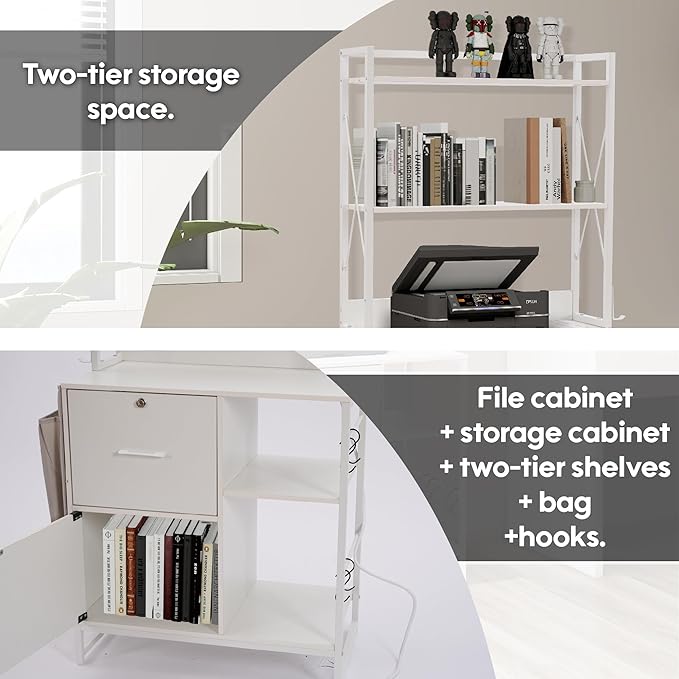 Vertical File Cabinet,Filing Cabinet with Shelves,Charging Station,Hanging Pouch and Hooks,Vertical Filing Cabinet Fits Letter/A4/Legal Size (White)