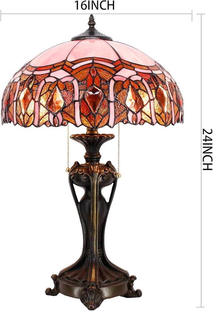 Tiffany Lamp Stained Glass Table Lamp 16X16X24 inchTiffany Style Desk Reading Light Resin Base Decor Bedroom Living Room Home Office (Pink Jewelry)