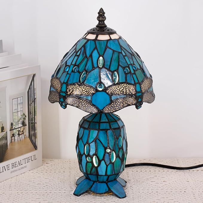 Small Tiffany Lamp Stained Glass Table Lamp Mini Mother Daughter Vase Desk Accent Light for Bedroom Bedside Reading Home Antique Style Decor 8X14 Inches (Green Dragonfly)