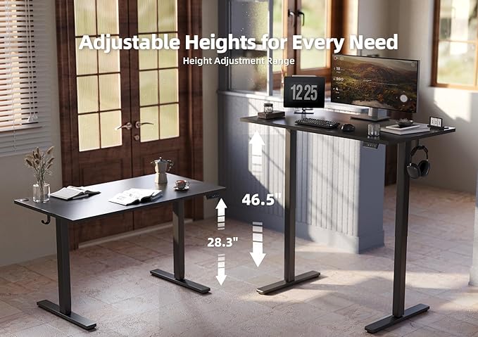 Seang Standing Desk with Adjustable Height, 55x24 Inch Electric Stand Up Desk for Home Office, Studio, Computer Workstation, Black Top