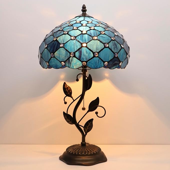 Tiffany Table Lamp, Stained Glass Style Desk Lamp, 12X12X19 Inch,Bedside Reading Light, Metal Leaf Base (Blue Beads)