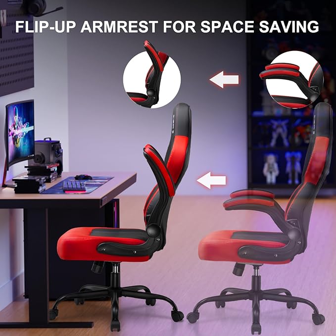 GTPLAYER Video Gaming Chair, Ergonomic Computer Gaming Chair with Flip-Up Armrests and Adjustable Height, Comfortable Desk Chairs with Built-in Lumbar Support, Recliner with 360°Swivel (Oil Red)