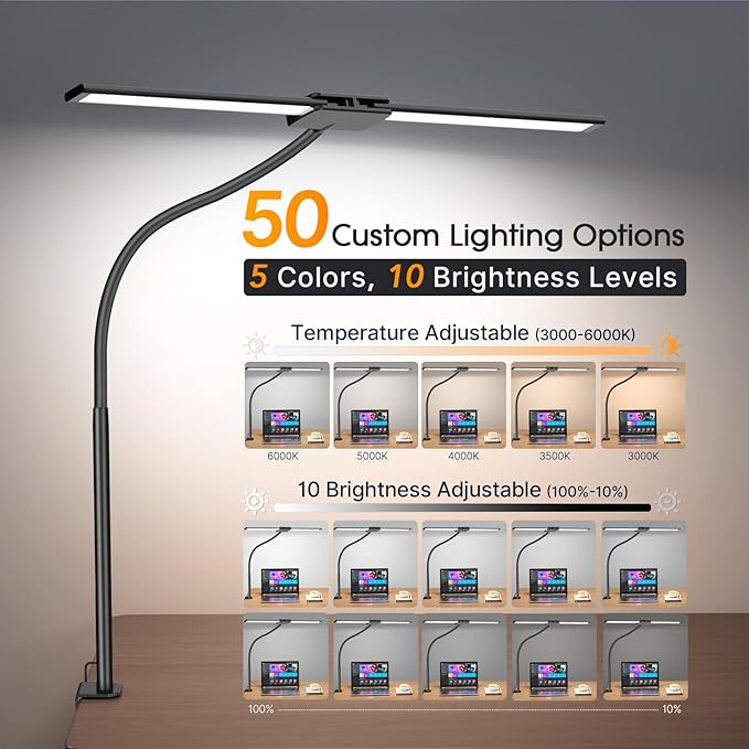 Syrinx LED Desk Lamp for Home Office ā Eye-Caring Dual Head Desk Light with Flexible Gooseneck, Clamp, Gesture/Wired Control, 50 Lighting Modes with Memory/Timer for Study, Crafting