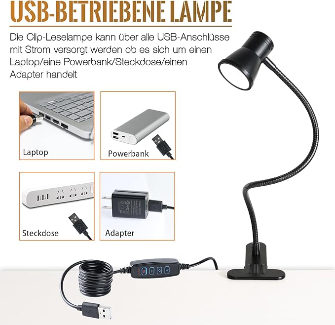 Clip Desk Lamp, USB Reading Light, Flexible Neck Led Clamp Light with 3 Color Temperature Options, 10 Dimmable Brightness Levels for Working, Studying (8W)