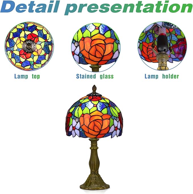 Tiffany Style Lamp Rose Flower Stained Glass Table Lamp red Rose 8X8X14 Inches Home Office Desk Lamp Lights Decorate Gift Include Light Bulb