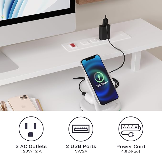 White Computer Desk with Drawers, 42 Inch Home Office Desk Study Writing Table, Gaming Desk with USB Power Outlets, Office Desk with Fabric Drawer, Work Table with Shelf for Bedroom, White