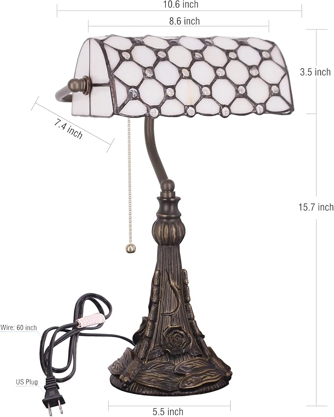 Tiffany Banker Lamp Small Stained Glass Table Lamp Tiffany Style Piano Light White Crystal Pearl Bead Style Desk Lamp Angle Adjustable 10.6X15.7 Inch for Home Office Living Room Bedroom
