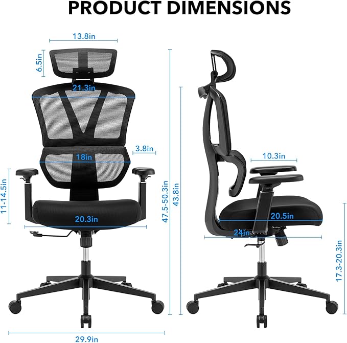 Ergonomic Office Chair - 400 lbs Capacity High-Back Mesh Computer Chair with Lumbar Support, Adjustable Headrest | Home and Gaming Desk Chair,Black