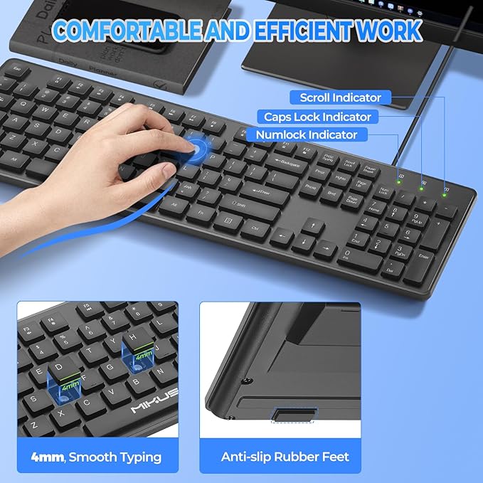 Wired Computer Keyboard Character anti fading,Corded Low-Profile, 12 Multimedia Hotkeys,1.6m Cable USB Interface Plug and Play Suitable for Computers, Laptop and PC,Full-Size,Number Pad, Office