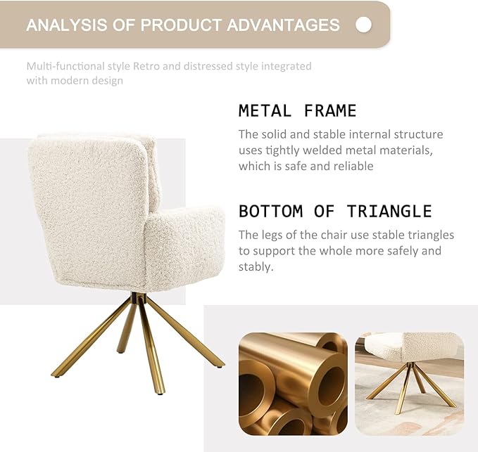 Teddy Office Desk Chair No Wheels, Modern Vanity Chair with Gold Legs, Boucle Accent Chair, Wide Seat Computer Task Reading Armchair for Home Office (Beige)
