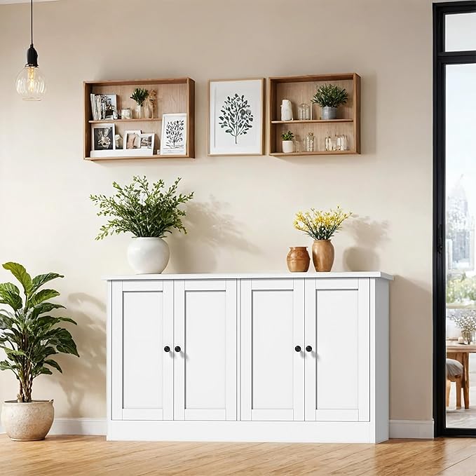 White Buffet Storage Cabinet with 4 Door, 49" W Coffee Bar Cabinet, Kitchen Buffet Sideboard for Living Room, Kitchen
