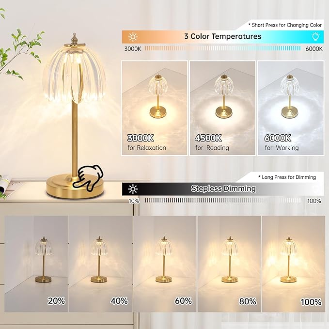 Set of 2 Cordless Table Lamp with 5000mAh Battery & Touch Control - 3 Adjustable Color Temperatures, Dimmable RechargeableTable Lamps for Bedroom, Office Desk, Nightstand (Transparent Tulip)