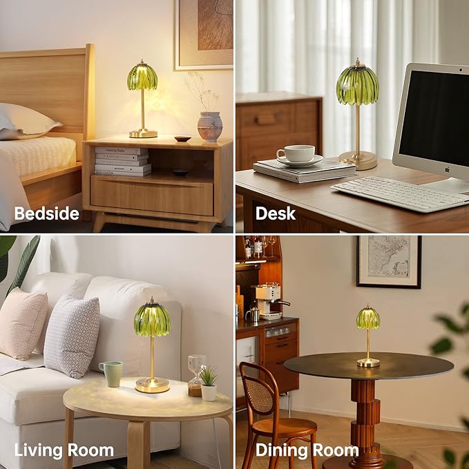 Set of 2 Cordless Table Lamp with 5000mAh Battery & Touch Control - 3 Adjustable Color Temperatures, Dimmable RechargeableTable Lamps for Bedroom, Office Desk, Nightstand (Green Tulip)