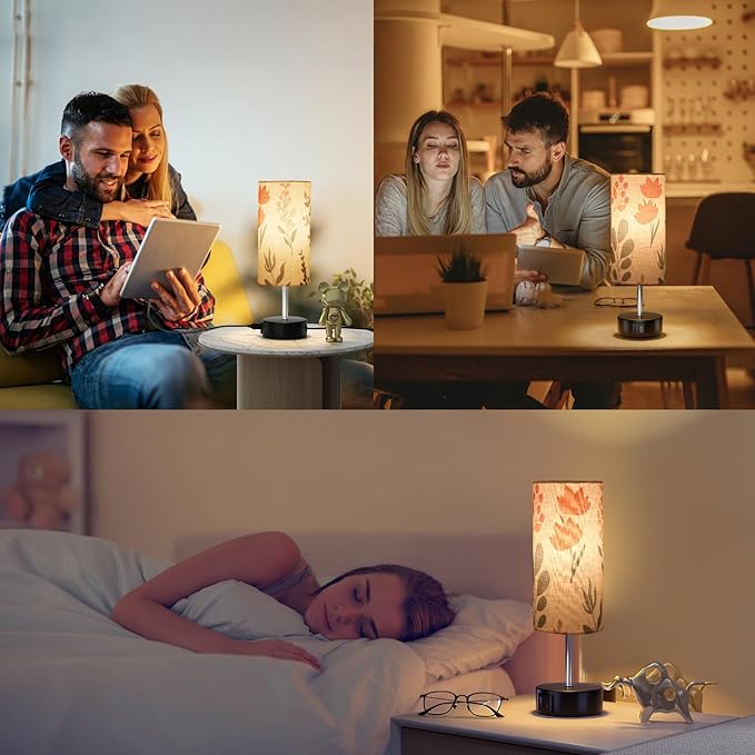Touch Bedside Table Lamp, 2 USB Ports, 3-Way Dimmable Bedside Lamp for Bedroom, Nightstand Lamp with Round Flower Fabric Shade for Living Room, Home Office