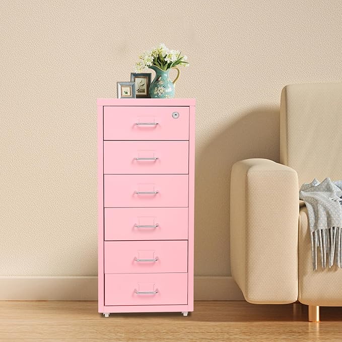 6 Drawers Rolling File Cabinet, Pink Metal Filing Cabinets with Lock, 27 inch H Vertical Filing Cabinet Under Desk for Home Office, Heavy Duty Metal Storage Cabinet for A4/Letter/Legal Size File