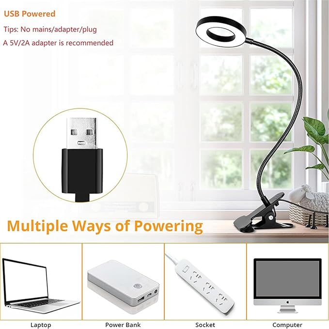 Clip on Light LED Reading Book Study Lamp 3 Color Modes 10 Brightness Eye Protection 360° Flexible Gooseneck Student Dormitory Office Desk Lamp at Night in Bed