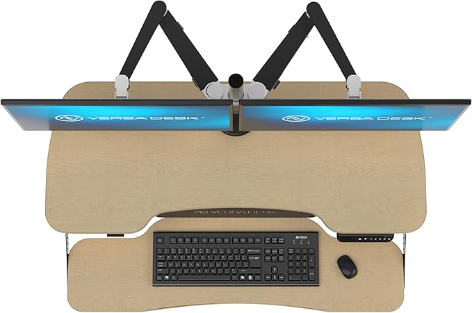 VERSADESK® PowerPro™ Elite 40” x 24" – App Controlled Wide Electric Standing Desk Converter w/USB Charging Port. Raises up to 20”. Fully Assembled – Includes LED Lights. Supports 80 lbs. – Maple