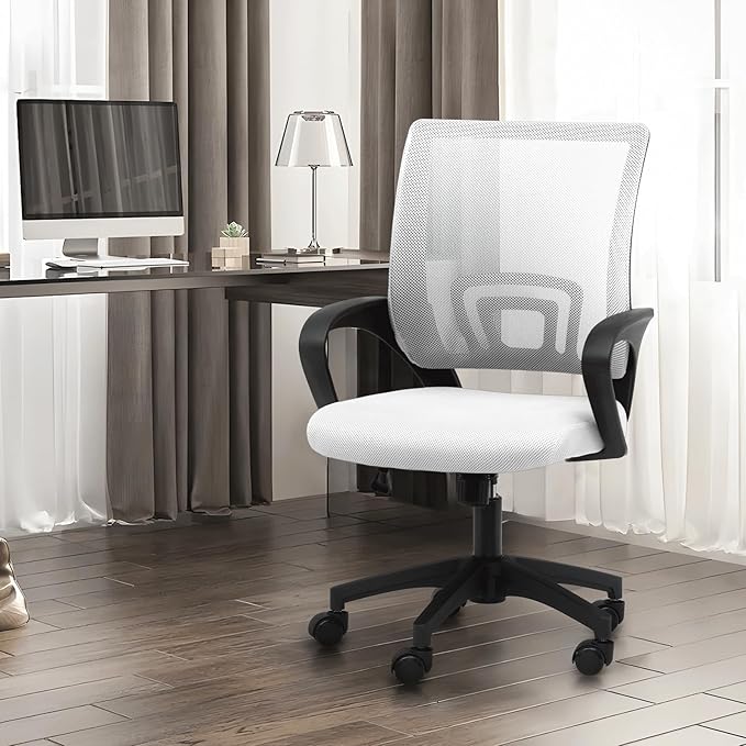 Athena Collection Computer Office Chair, Ergonomic Desk Chair with Rolling Wheels, Mesh Back Support and Height Adjustable, Small and Comfy for Home Office, Study, White